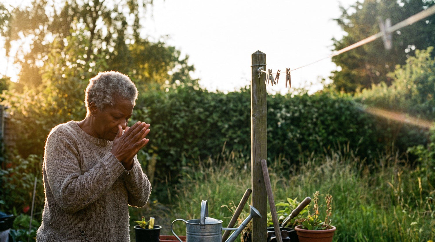 A woman in her sixties warming balm between her palms in her back garden in low evening sun