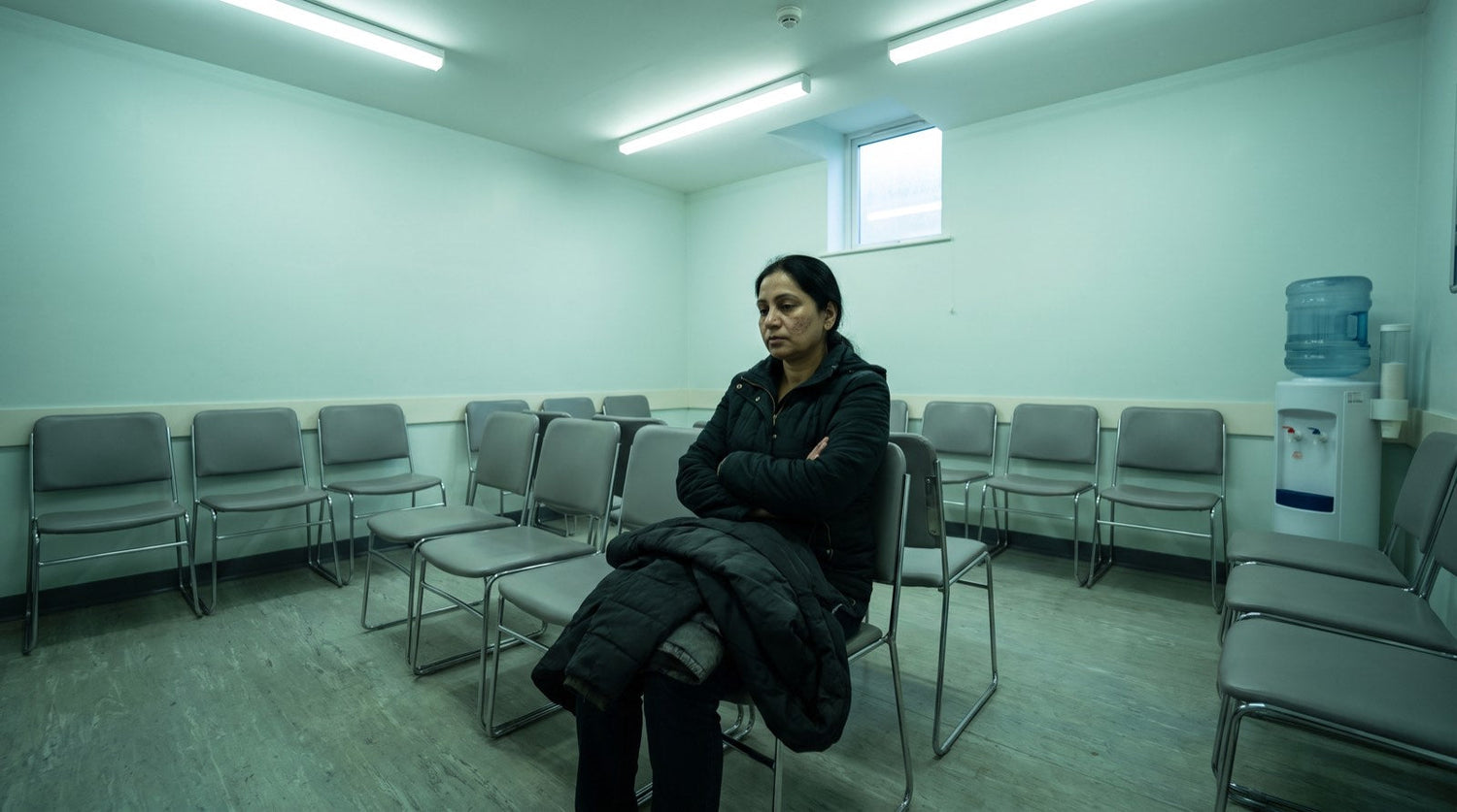 A woman waiting alone in a row of chairs in a clinic waiting area under fluorescent light