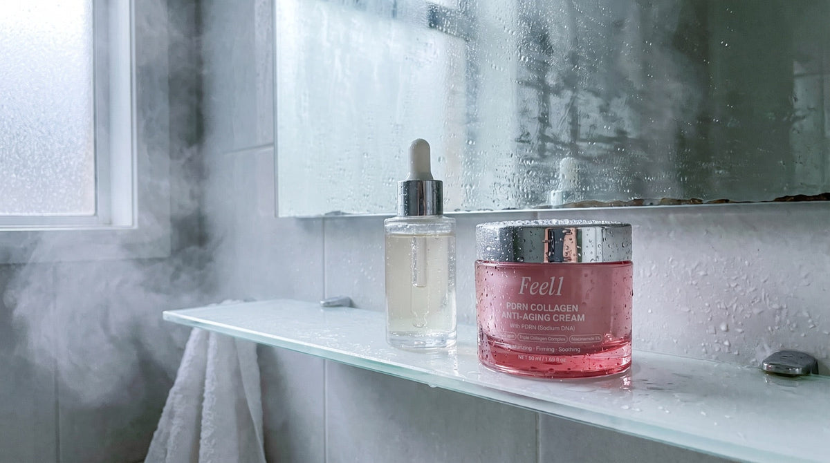 Feel1 PDRN cream jar next to a plain glass dropper bottle of serum on a steamy bathroom shelf