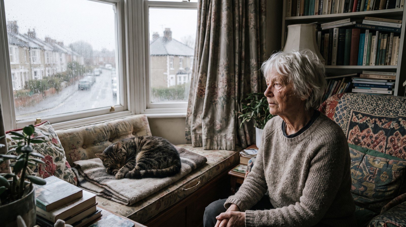 A woman in her seventies sitting in a bay window on an overcast day with a cat beside her