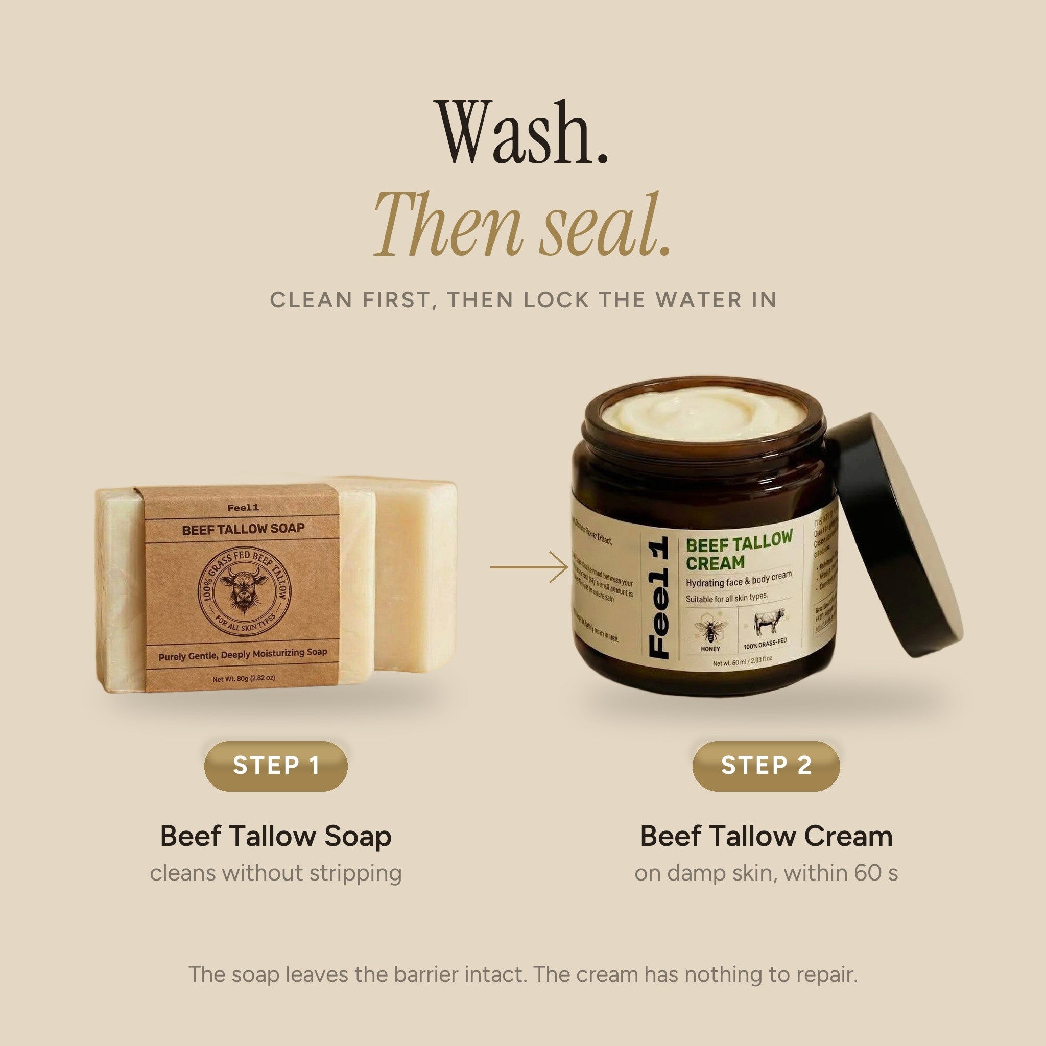 Wash, then seal: Feel1 Beef Tallow Soap as step 1 and Beef Tallow Cream as step 2