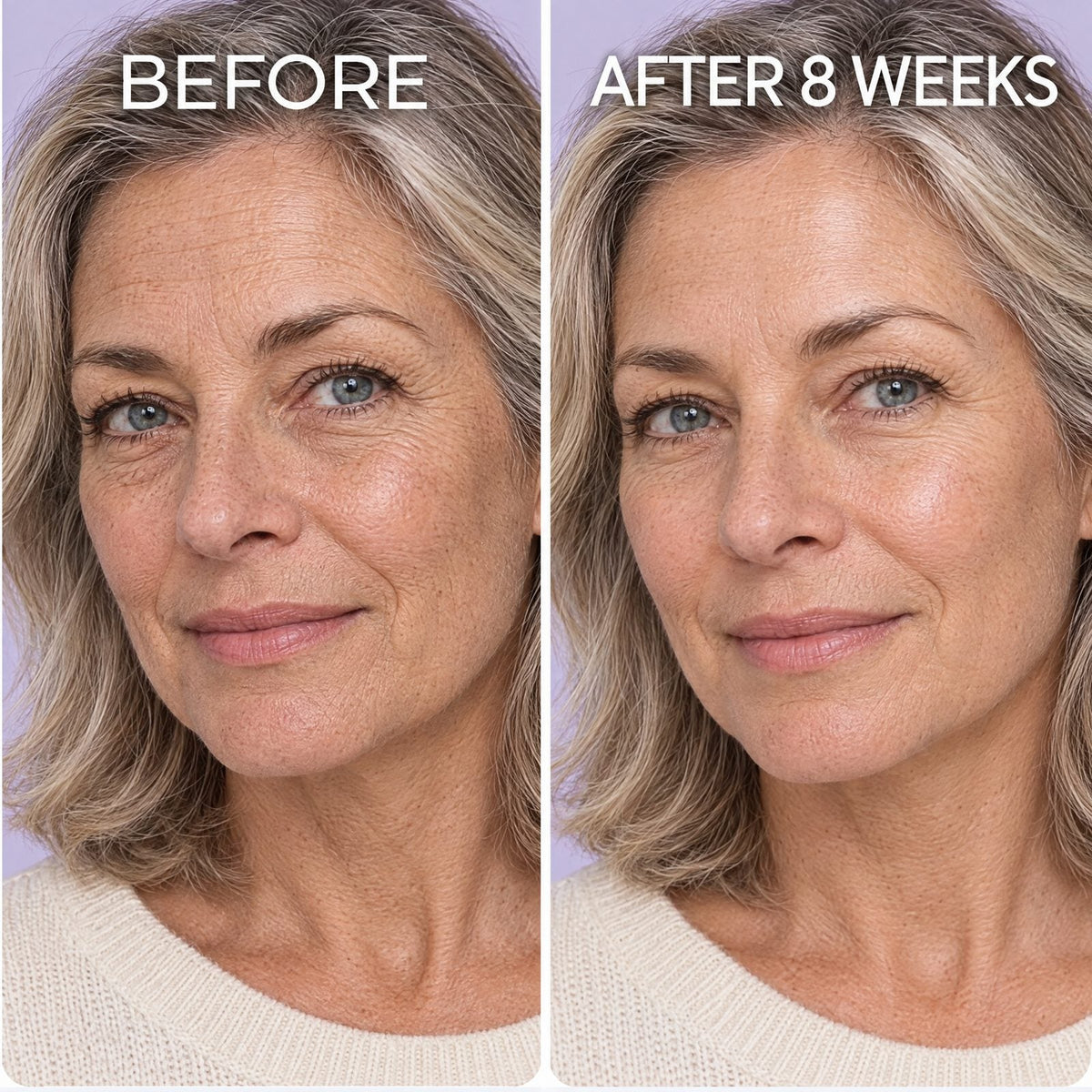 Before and after 8 weeks: softer forehead lines and crow's feet