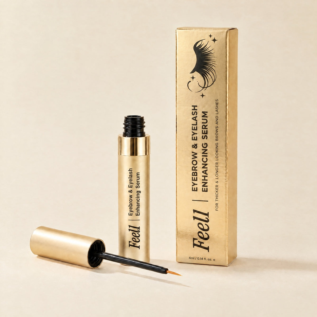 Feel1 Eyelash & Eyebrow Peptide Serum – gold tube with open applicator next to its gold box