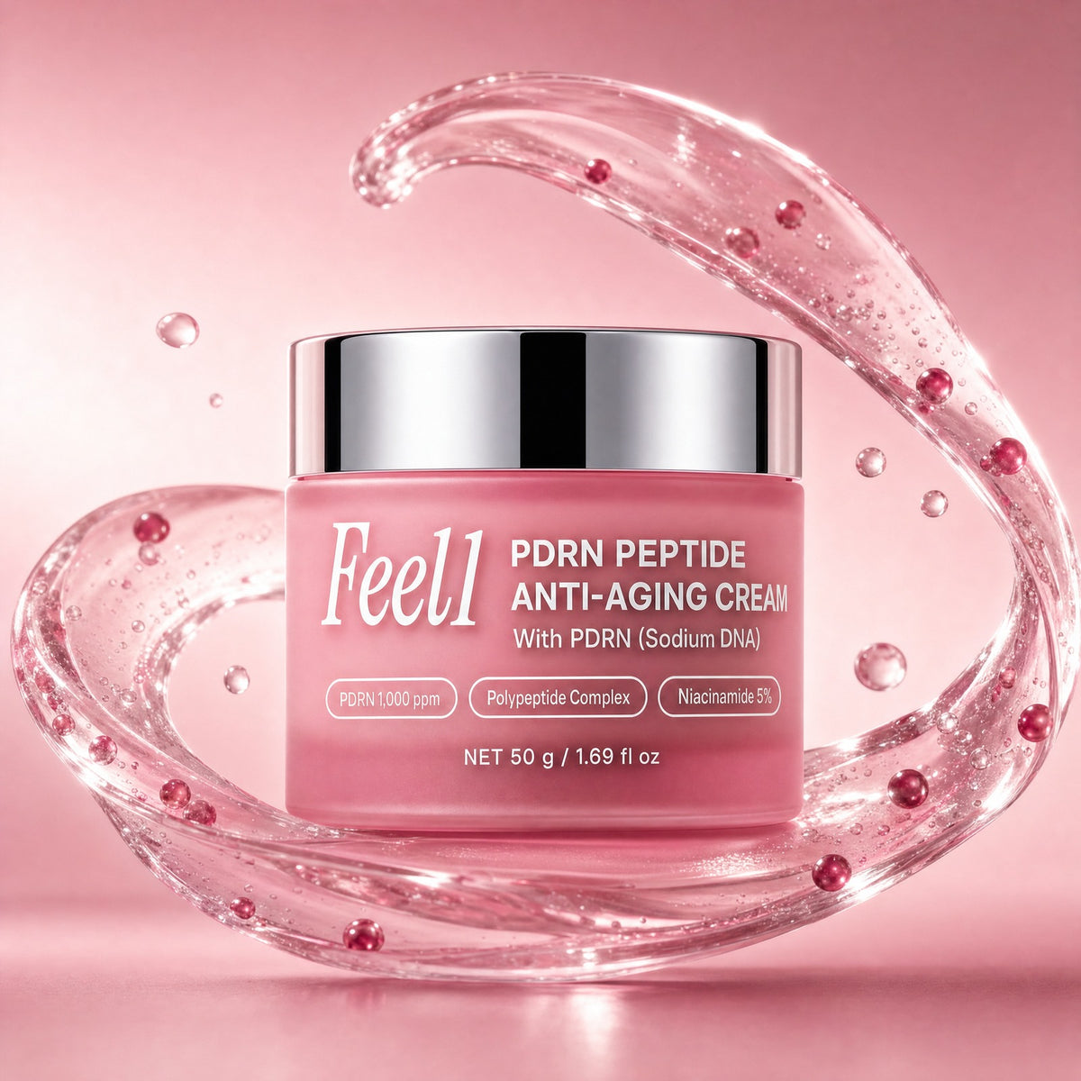 Feel1 PDRN Peptide Anti-Aging Cream jar with pink gel swirl