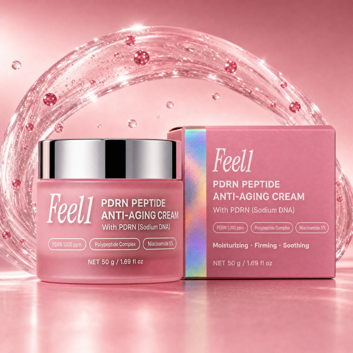 Feel1 PDRN Peptide Anti-Aging Cream jar with its retail box