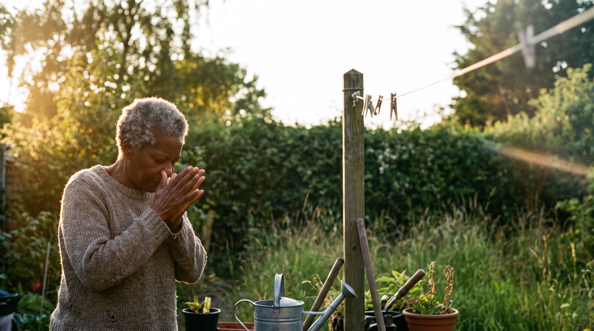 A woman in her sixties warming balm between her palms in her back garden in low evening sun