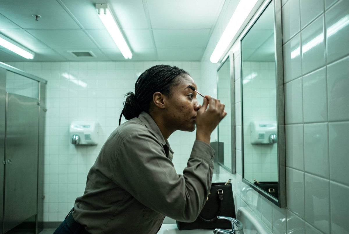 A woman brushing her eyebrow at the mirror of an office toilet under fluorescent light