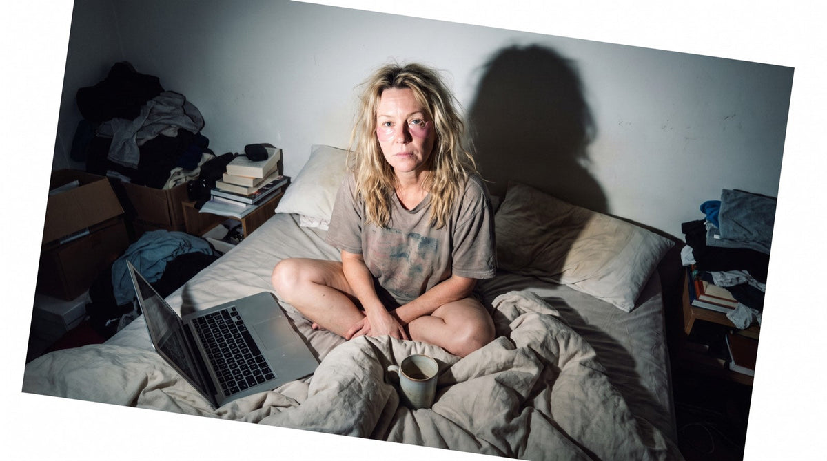 A woman sitting on an unmade bed wearing hydrogel eye patches, photographed with direct flash