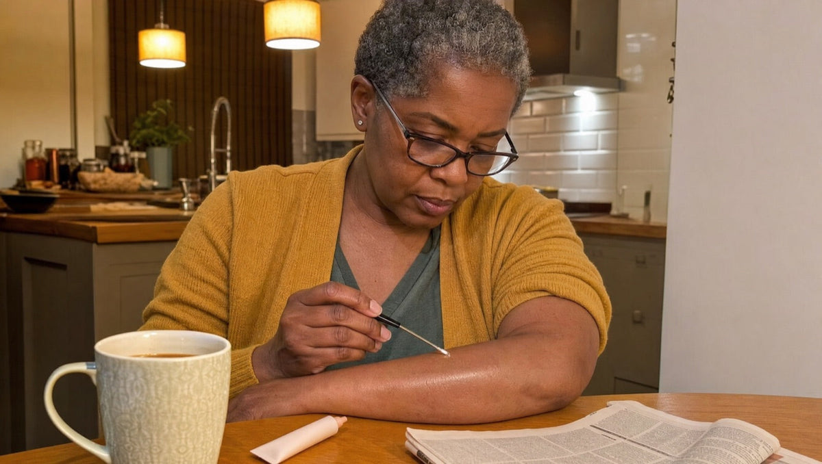 Woman in her early sixties with reading glasses dabbing a tiny amount of serum on her inner forearm for a patch test