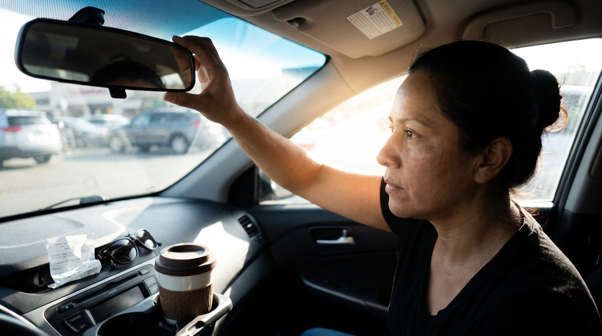A woman checking her lashes in the rear-view mirror of a parked car in a supermarket car park