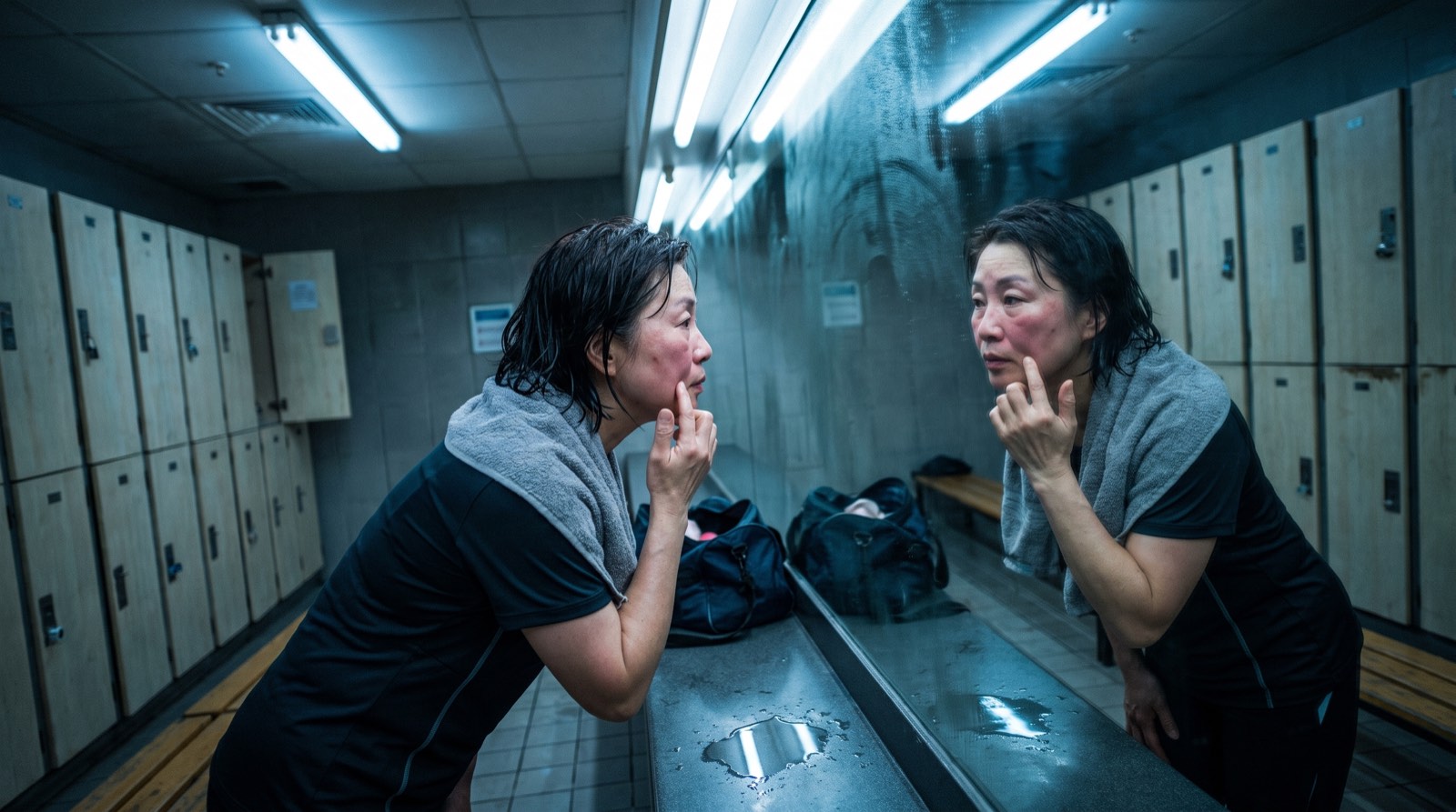 A woman with wet hair examining her cheek in a gym changing room mirror under fluorescent light