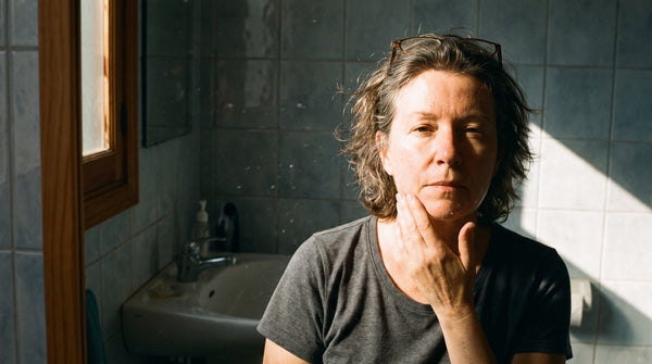 A woman mid-routine in a bathroom with hard afternoon sun cutting a stripe across her face