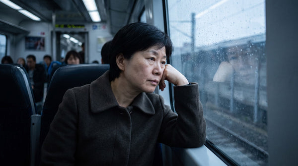 A woman in her forties resting her head against a train window on an overcast day