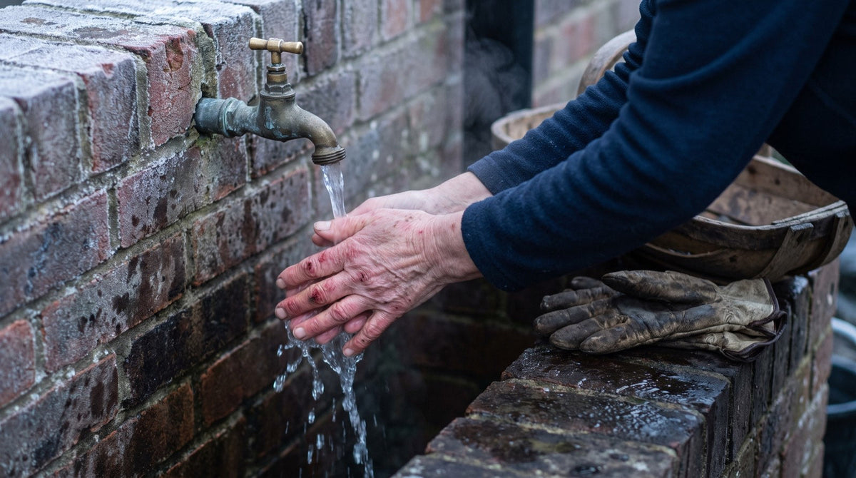 Cracked winter hands rinsing under an outdoor garden tap in cold light