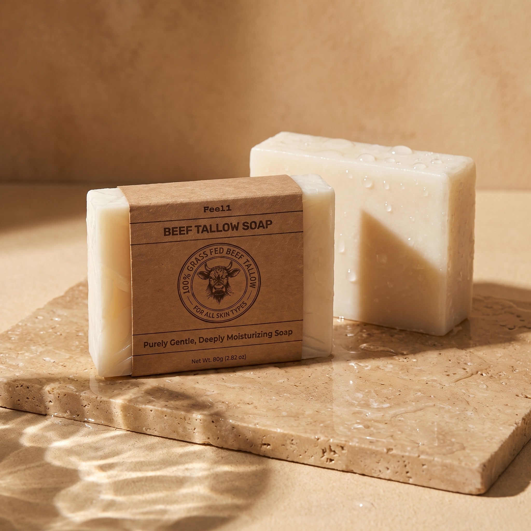Feel1 Beef Tallow Soap twin pack with kraft sleeve on wet travertine stone
