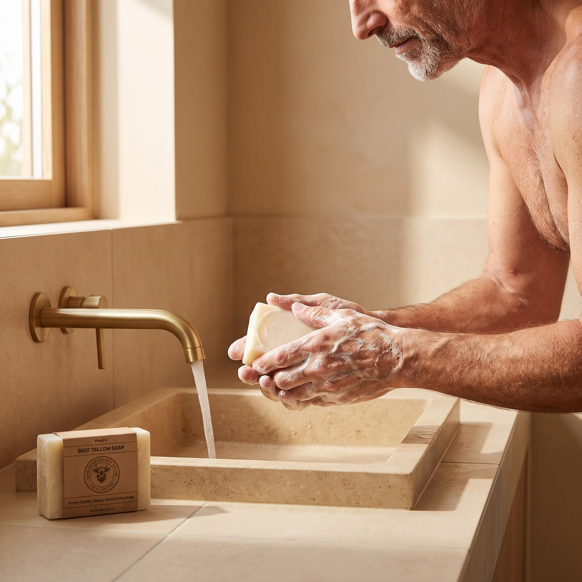 Man in his fifties lathering Feel1 Beef Tallow Soap at a stone washbasin
