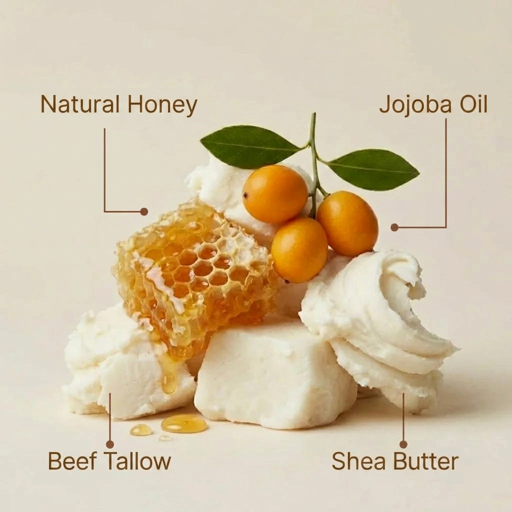 The four active ingredients of Feel1 Beef Tallow Cream - grass-fed beef tallow, natural honey, jojoba oil and shea butter