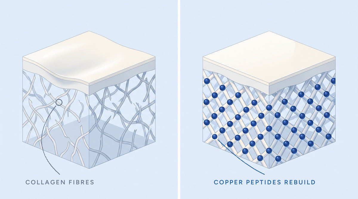 Two blocks of skin side by side - left the collagen fibres are slack and the surface sinks, right copper peptides have rebuilt a taut lattice and the surface is smooth