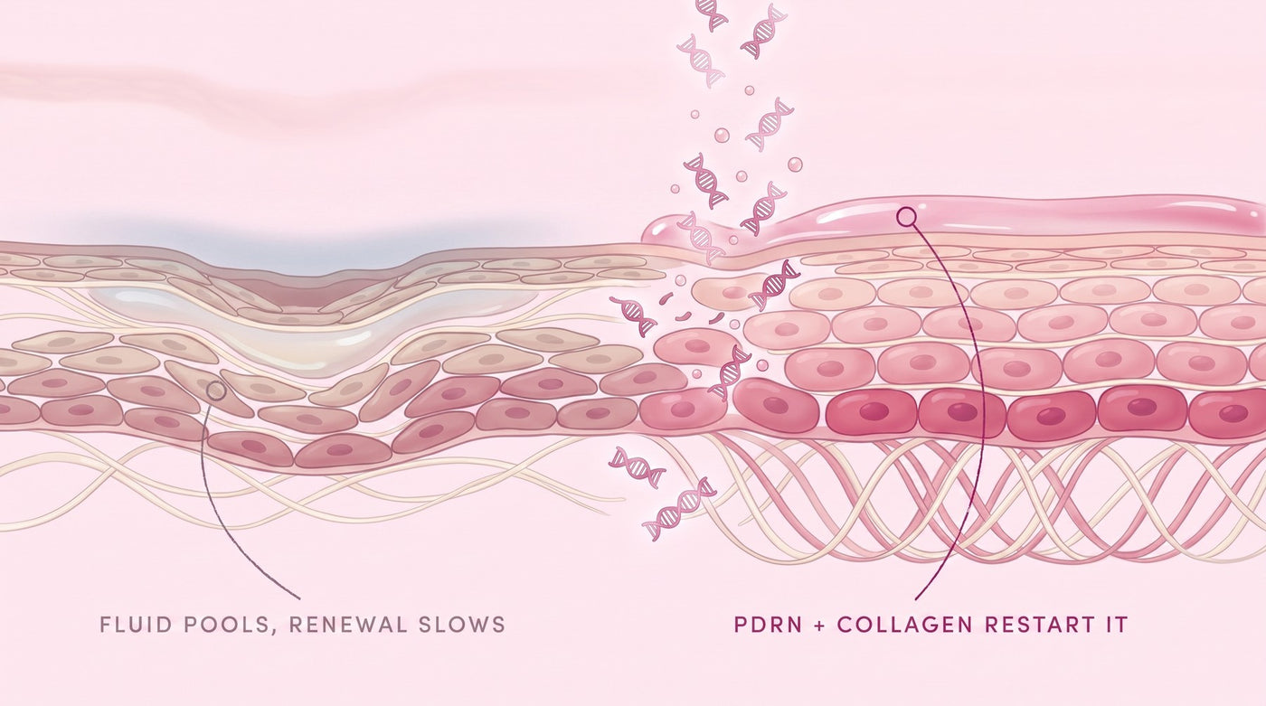 Cross-section of under-eye skin: fluid pools and renewal slows on the left, PDRN and collagen from the hydrogel patch restart it on the right