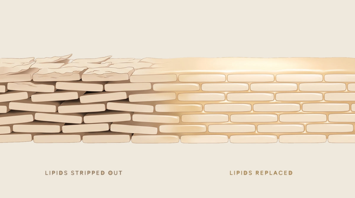 Cross-section of the skin barrier - on the left the lipids between the skin cells are stripped out and the surface is cracked, on the right the gaps are refilled and the surface is sealed